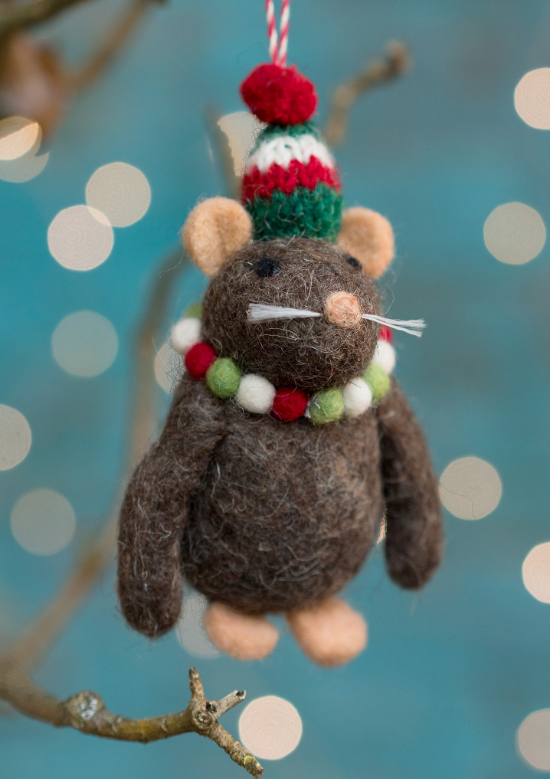 Brown Felt Mouse In Christmas Hat
