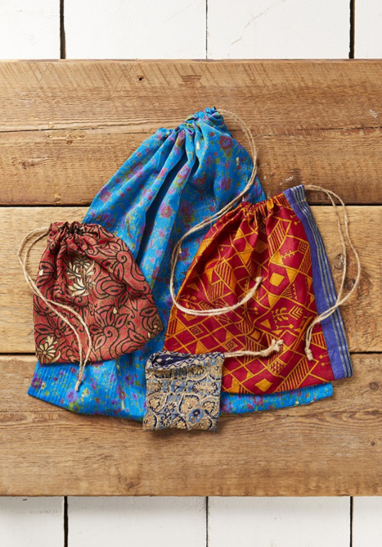 Recycled Sari Gift Bag With Drawstring 22 x 22cm